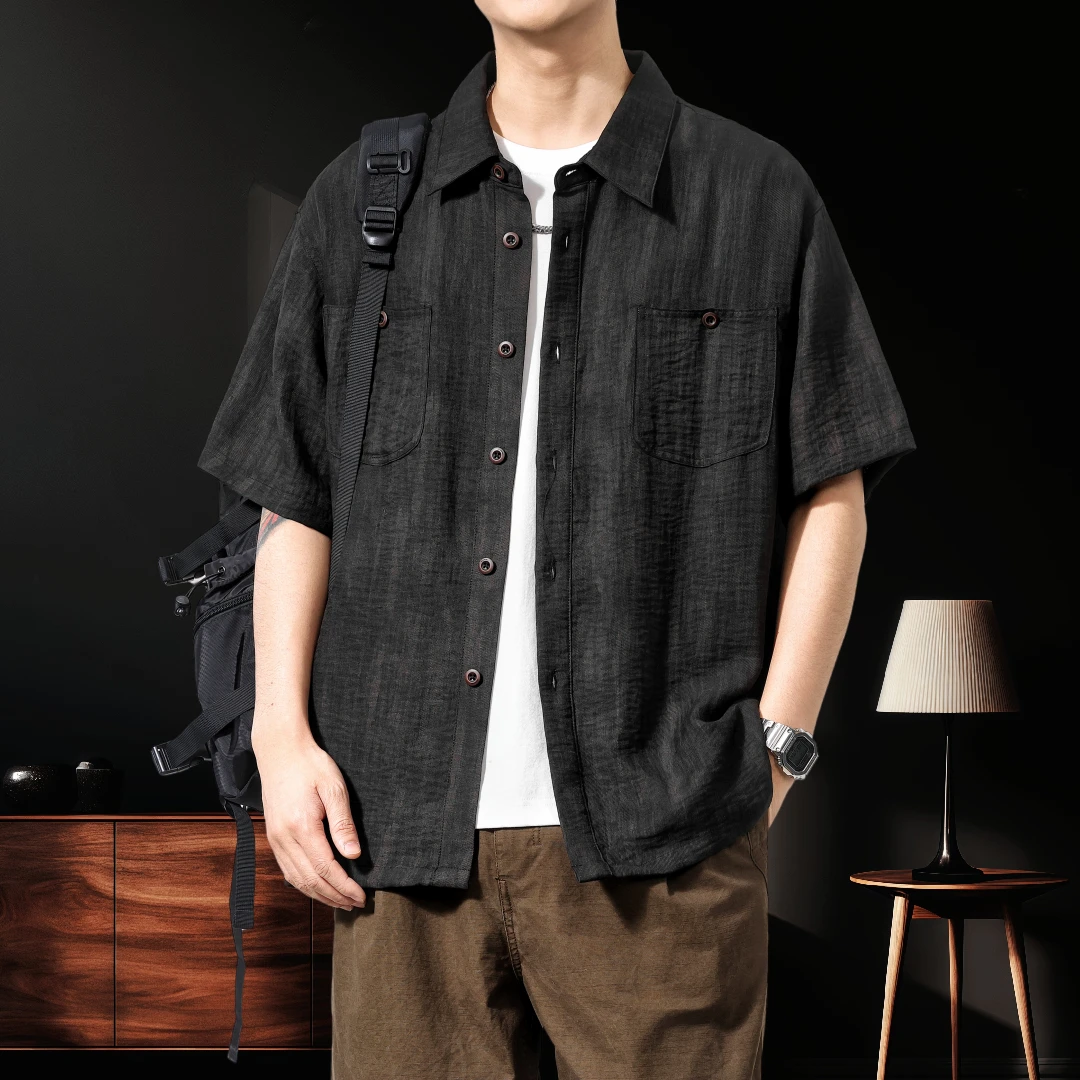 亚麻薄款条纹短袖衬衫男夏季新款工装休闲大码休闲古巴领男士衬衣