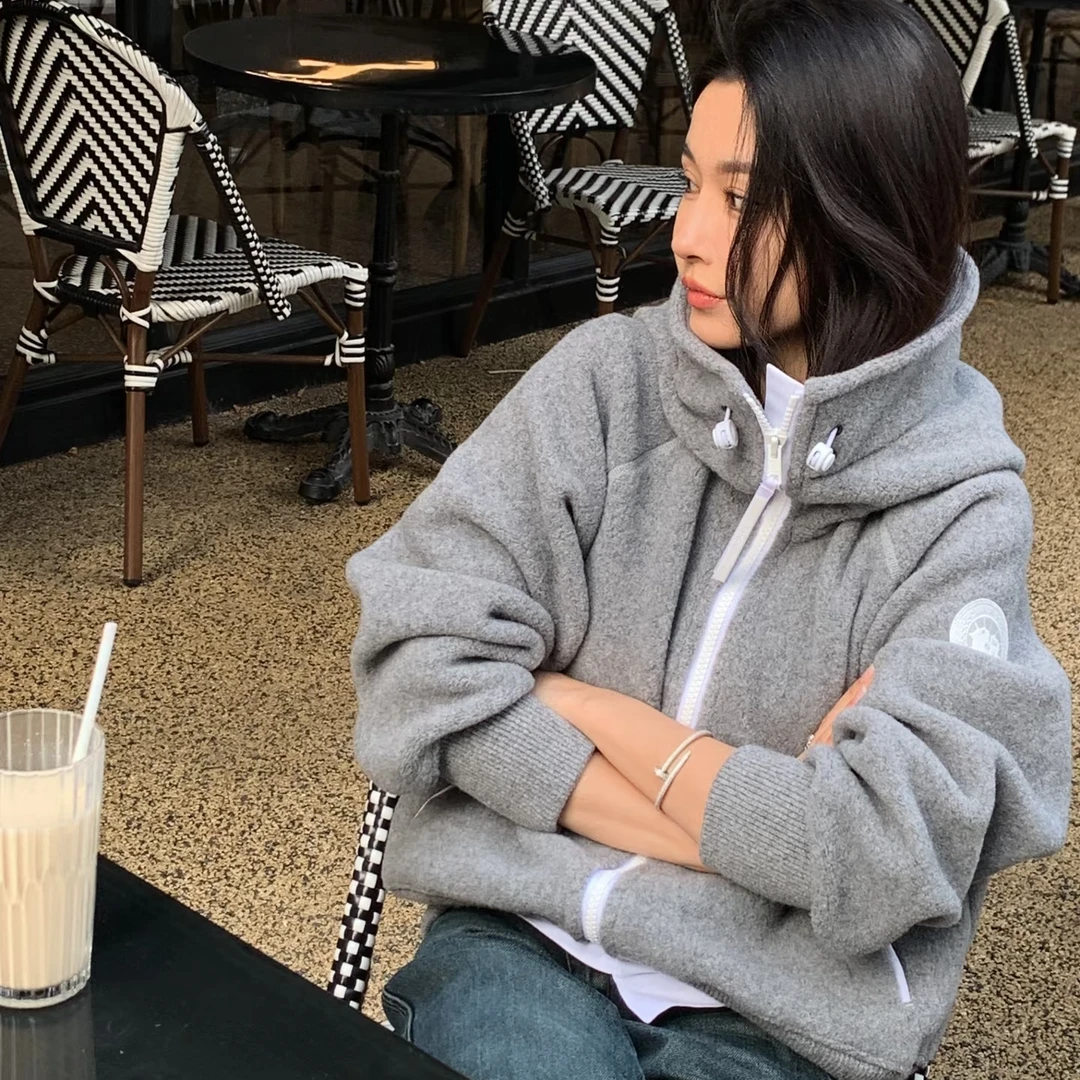 未使用 CANADA GOOSE 加拿大鹅Logo贴标拉链抓绒抽绳连帽夹克外套