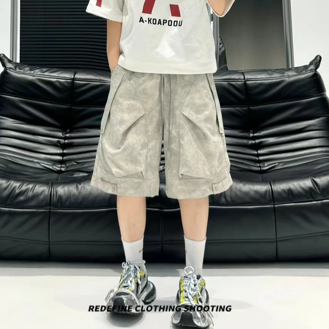 潮流时尚男士短裤工装休闲潮款设计牌美式高街纯色大口袋直筒