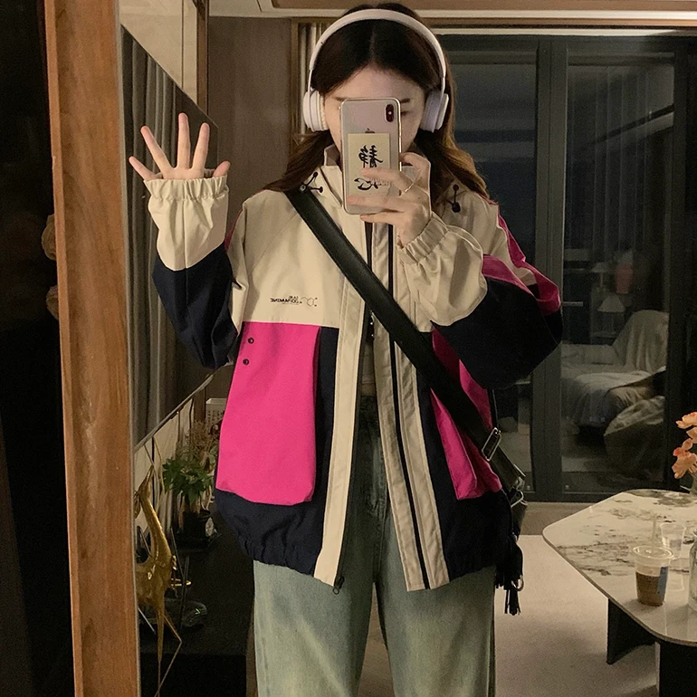 美式机能风女2025春季工装冲锋衣初高中学生外套宽松撞色夹克上衣