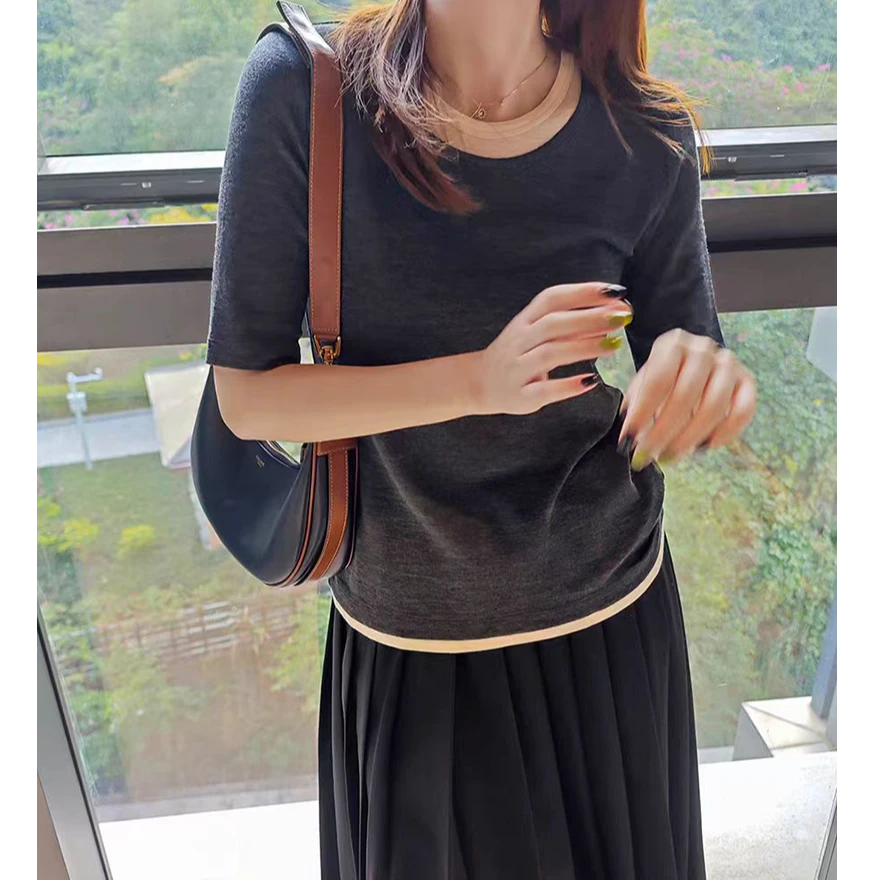 宝丫轻奢  T女式简约修身撞色假两件T恤短袖针织衫K2574