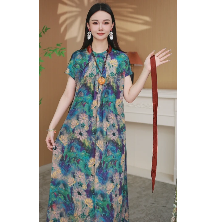 【七七专属 蓝色花园 有袖】·女装碎花裙瘦连衣裙气质长裙 116-3