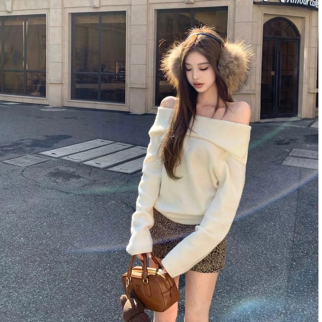 法式一字肩毛衣长袖2025新款秋冬设计感宽松显瘦慵懒针织衫上衣女