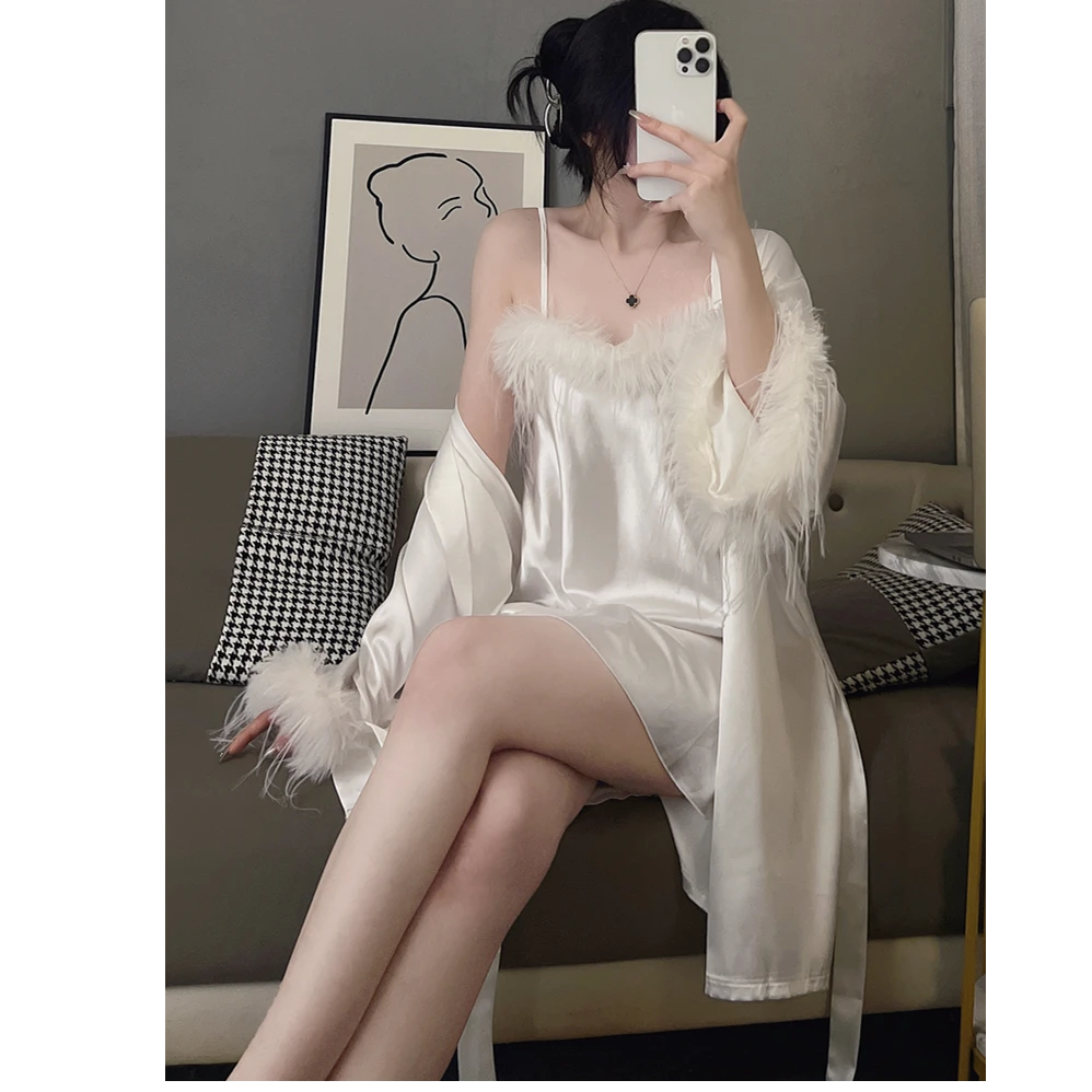 PENNSBIA宾西比亚冰丝睡衣女性感吊带睡裙春秋季长袖纯欲风家居服