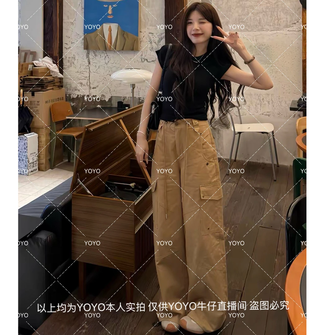 YOYO自制【卡其黄工装】夏季显瘦复古设计感重工洗水棉阔腿工装裤