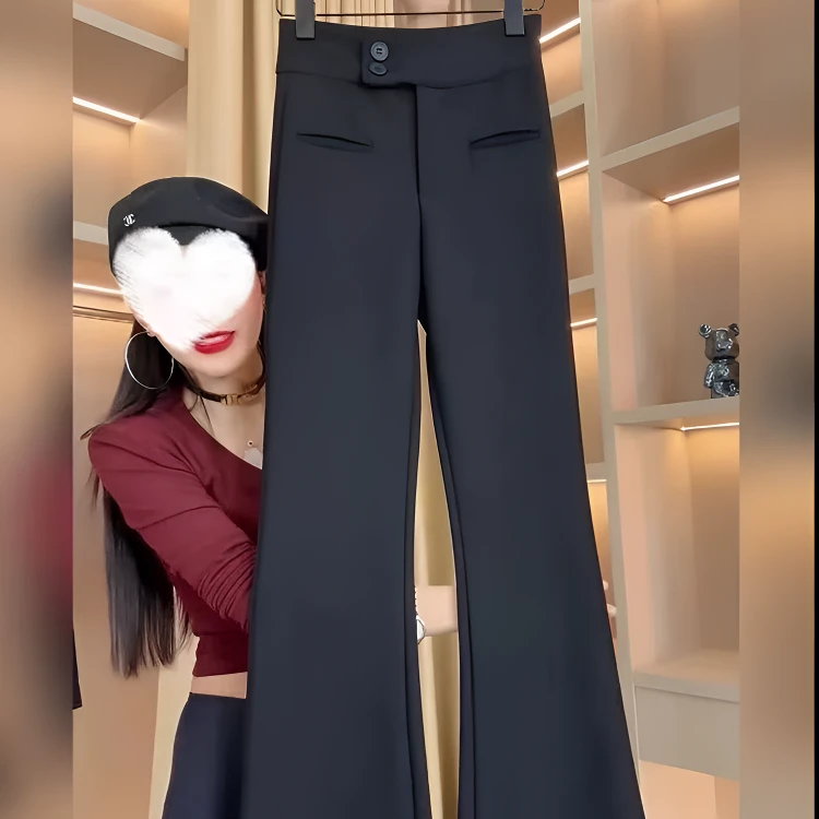 （加薄绒）网红女神裤加厚微喇叭中高腰显瘦修身百搭时尚黑色裤子