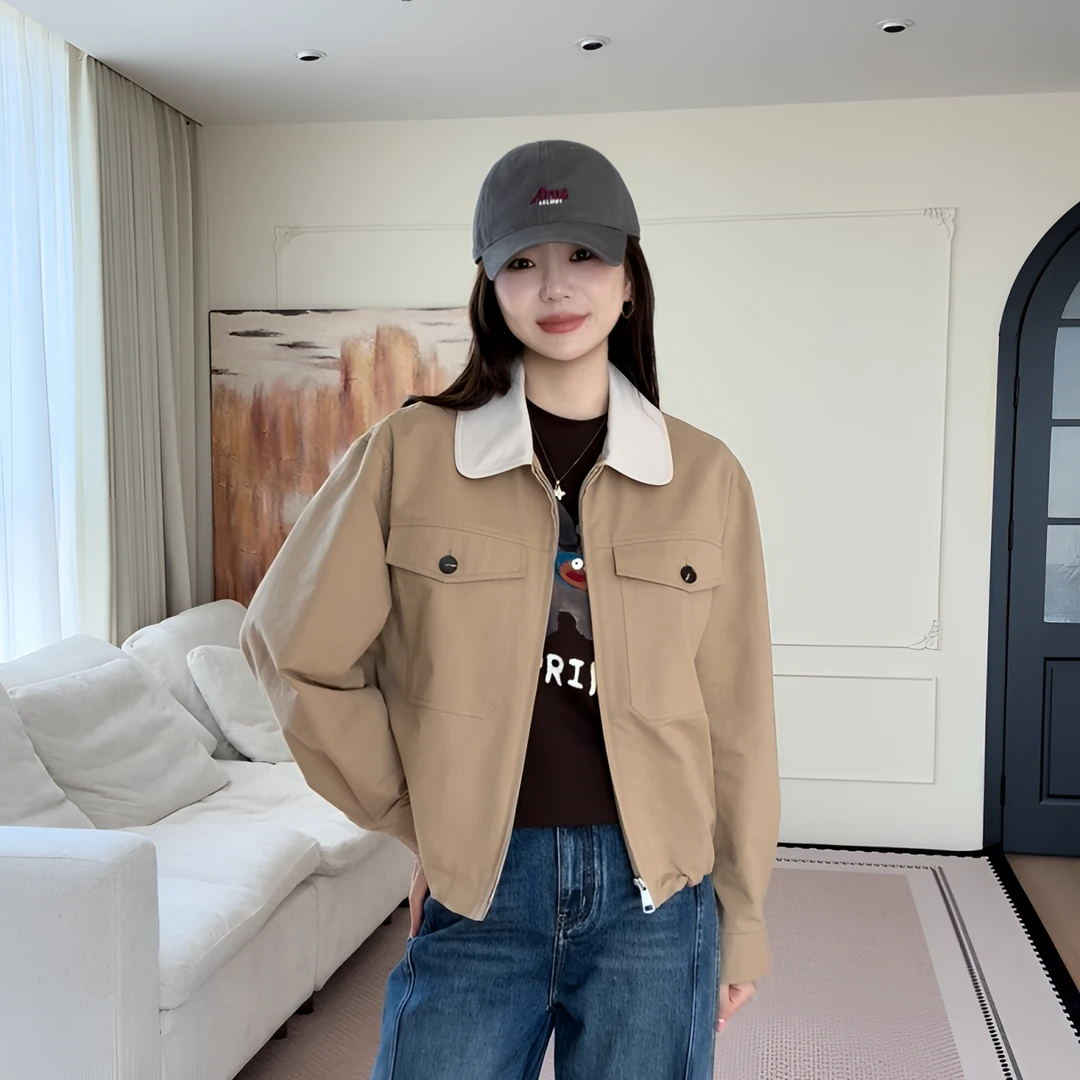 【余欢欢】秋季时尚舒适休闲百搭翻领撞色下摆抽绳小外套-YHW50602