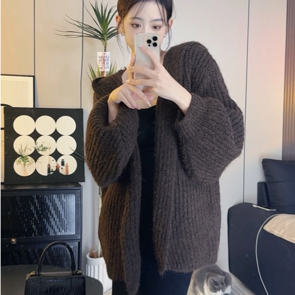 复古美拉德连帽毛衣开衫女秋冬中长款加厚针织外套宽松慵懒风上衣