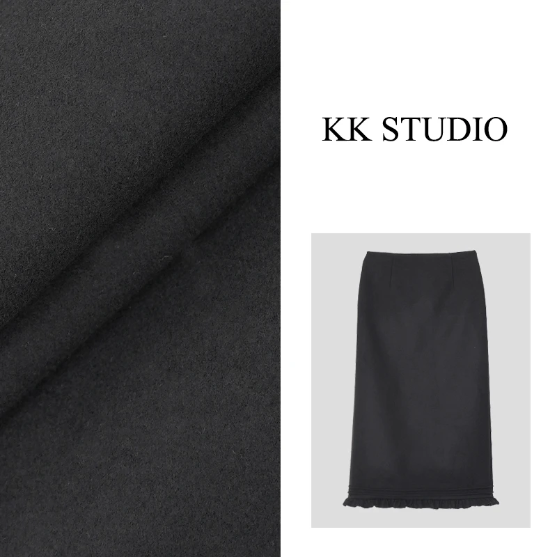 淇淇KK Studio秋季高腰气质百搭后开叉木耳边直筒半裙9509