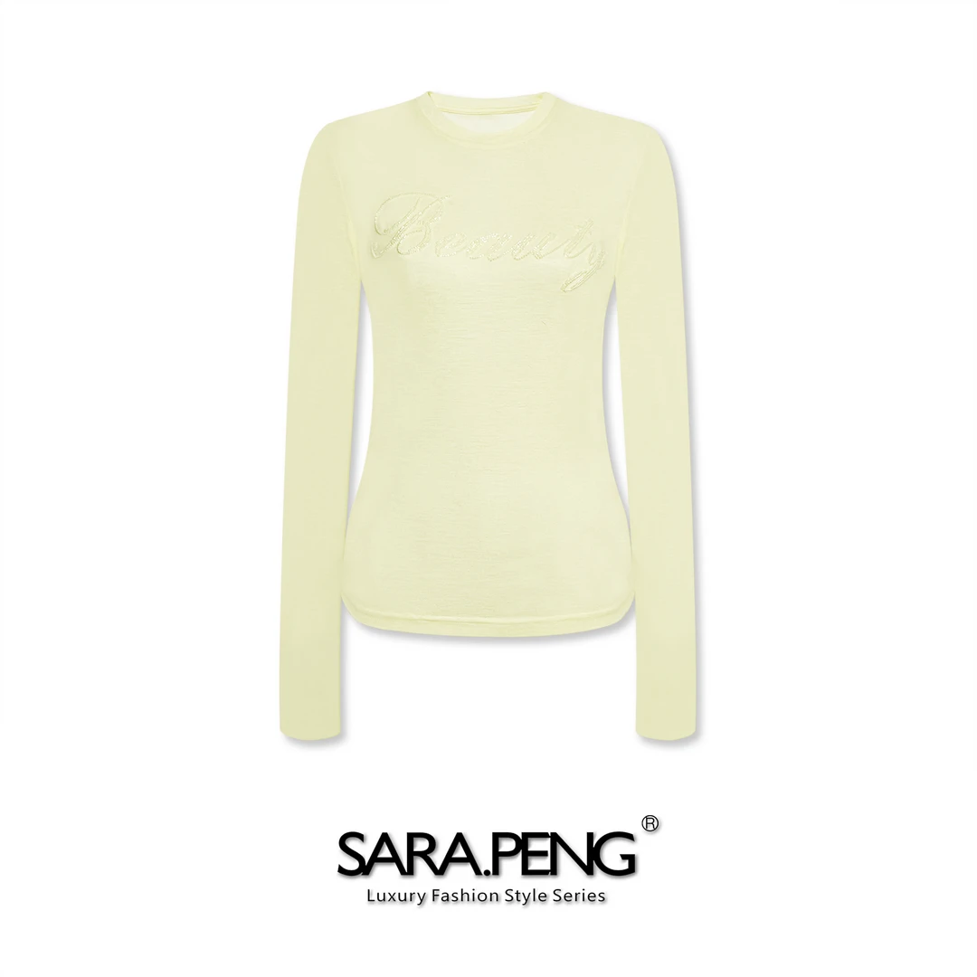 S.P春日清爽/高定天丝羊毛新款手工字母长袖T百搭洋气时尚款上衣