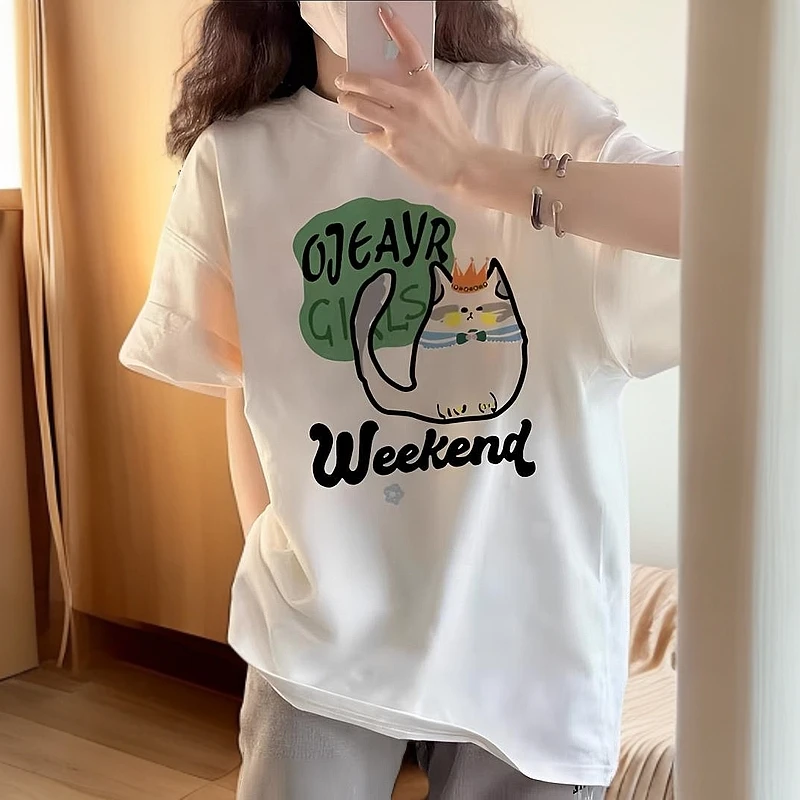 新款2025纯棉白色爆款小猫短袖t恤T恤女宽松女装百搭原宿港风上衣