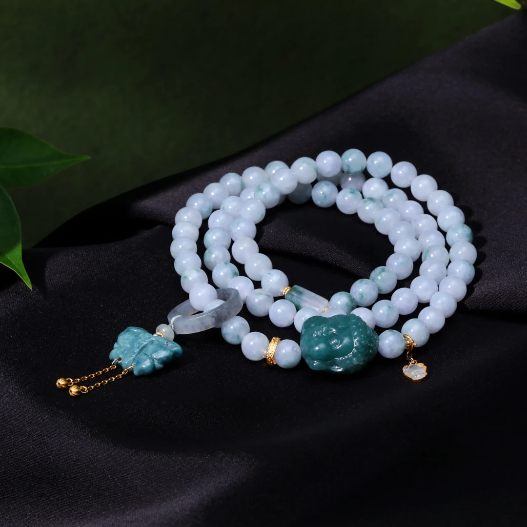 【意婵】“大超值”18k金天然缅A翡翠飘花意境多圈手链-916053