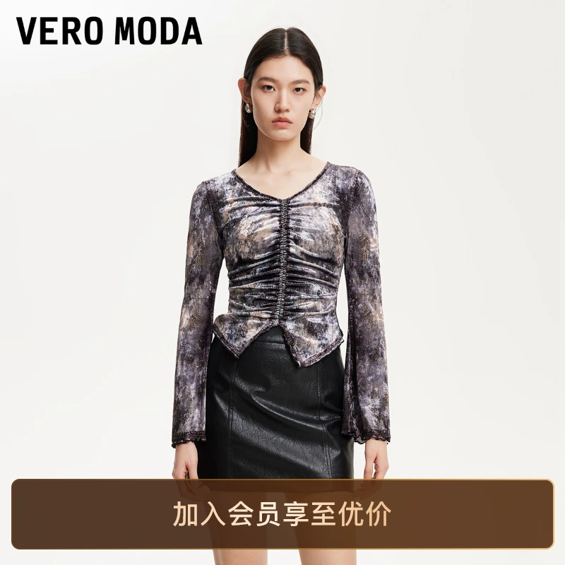 Vero ModaT恤女2025新款丝绒质感抽褶修身印花洋气衣服小众知性风