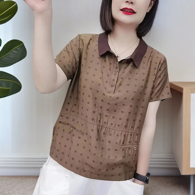 2025新款衬衫短袖夏季休闲女装洋气百搭中年妈妈宽松遮肚显瘦上衣