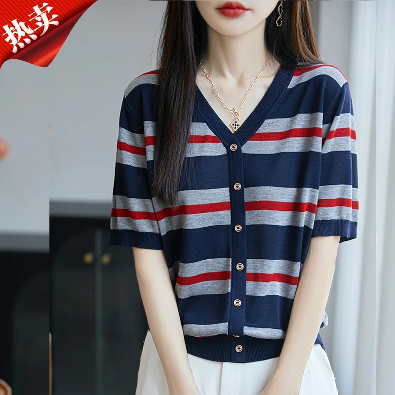 品牌专柜正品2025新款条纹V领T恤百搭单排扣短袖女针织衫上衣夏季