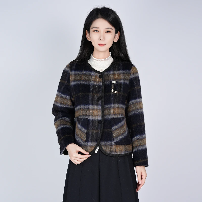 羊毛百搭时尚优雅女气质经典格色短款大衣外套WH05007805