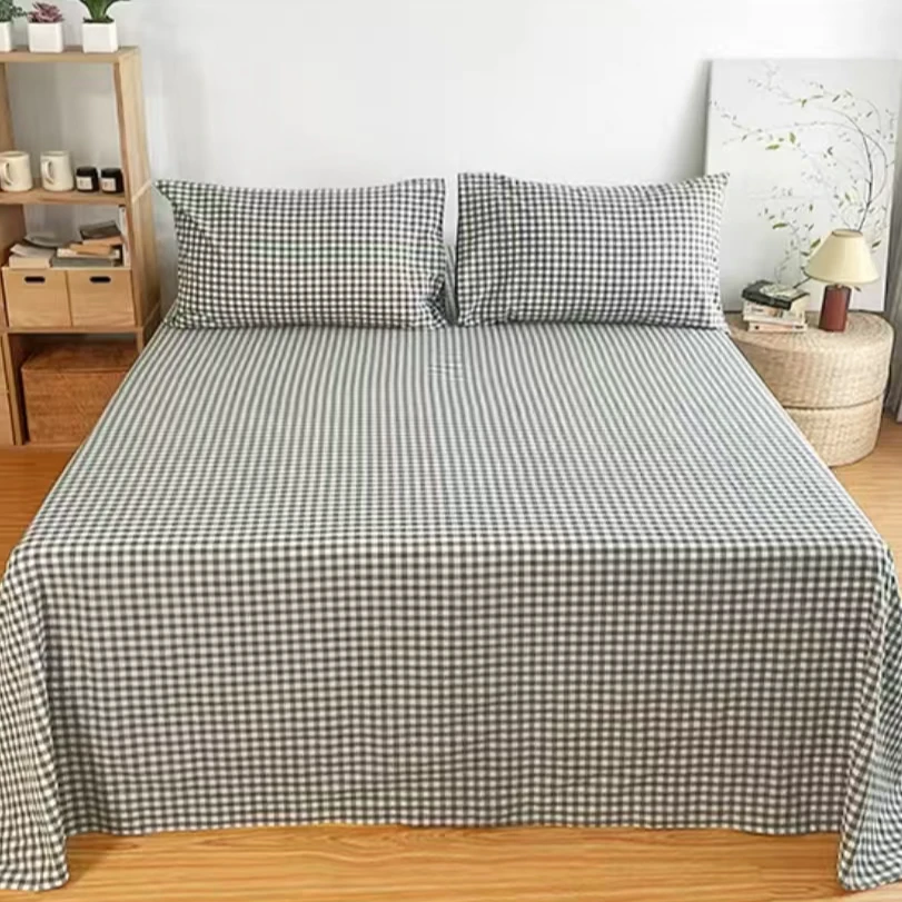 B4356 纯棉色织水洗棉双人床单 绿小格245*250简约格子学生宿舍