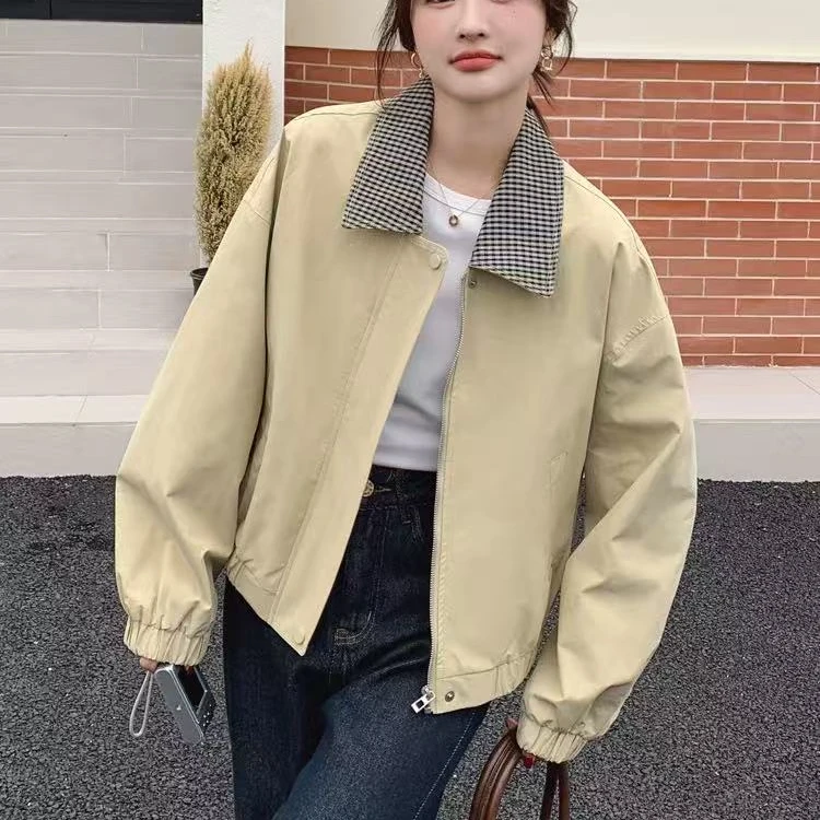 【锦衣服饰】MD 2505韩系格子翻领拼接工装短外套