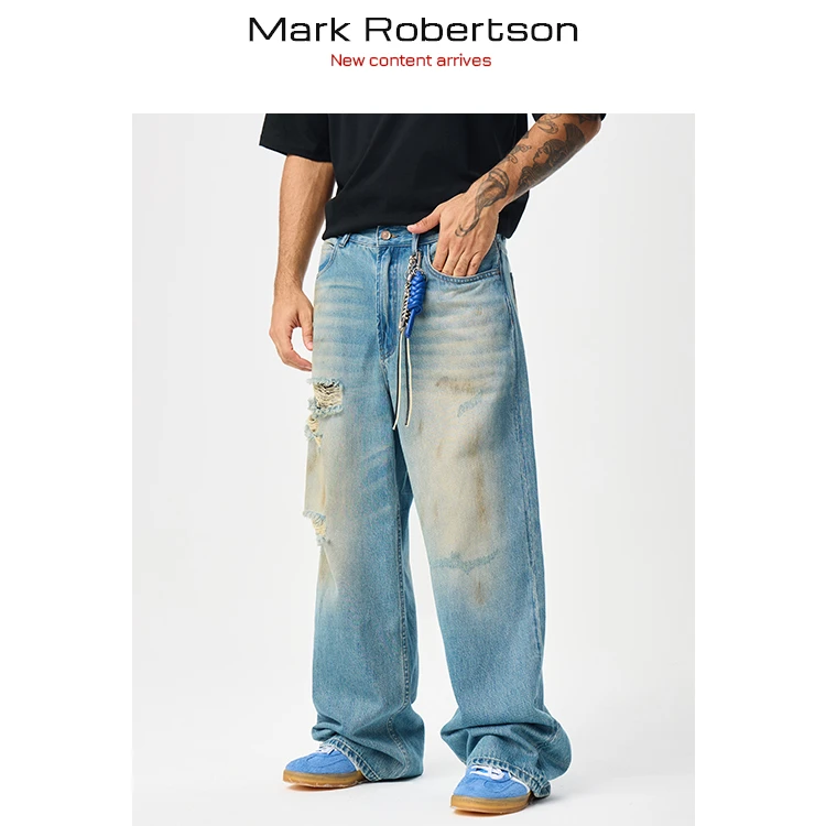 破洞复古猫须水洗扎染长裤牛仔裤嘻哈渐变宽松做旧高街休闲设计感