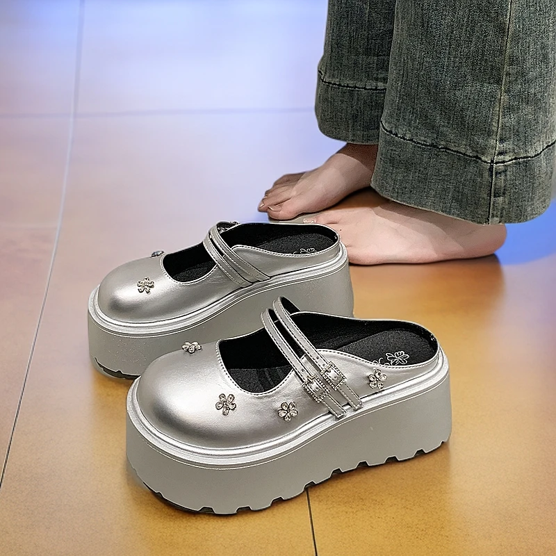 仙女风修面日常水钻搭扣包头拖玛丽珍网红时尚百搭厚底休闲半拖女