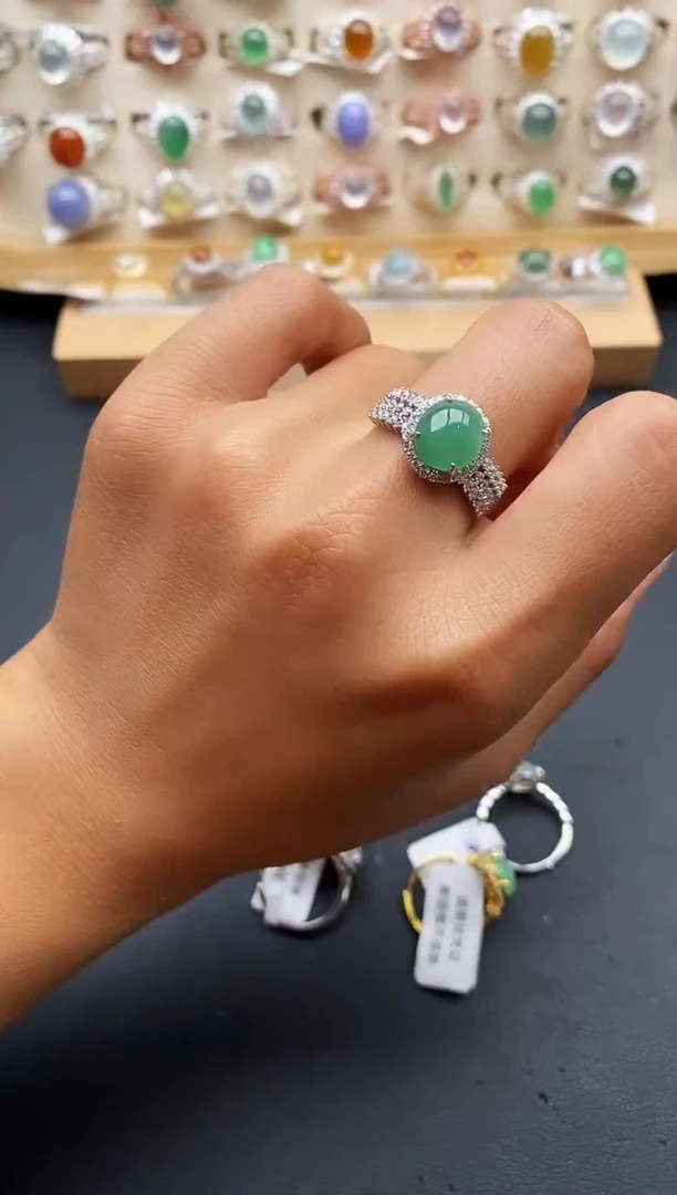 银S925镶嵌戒指翡翠缅甸天然A货翡翠2 1-6