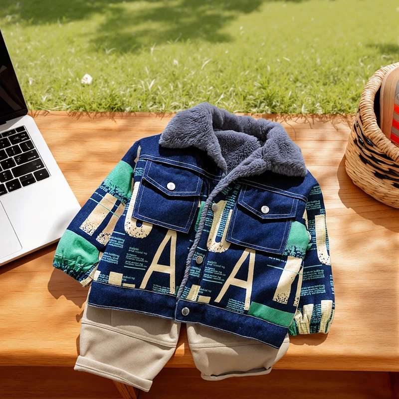 男童加绒牛仔外套韩版儿童洋气加厚夹克上衣小童秋冬装宝宝潮衣服