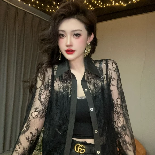 【开春新款】欧货立领蕾丝高级镂空性感时尚洋气重工长袖衬衫女