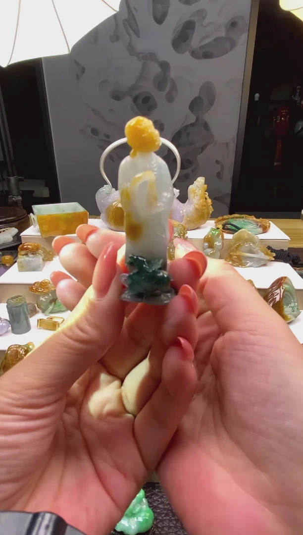 未镶嵌摆件翡翠翡翠黄加绿达摩小摆件