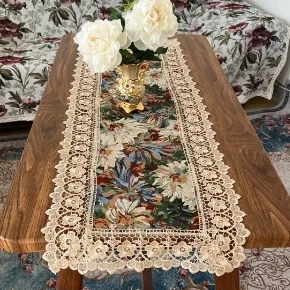 ZN107-174棉麻【40*150】彩菊水溶花边棉麻交织布桌布