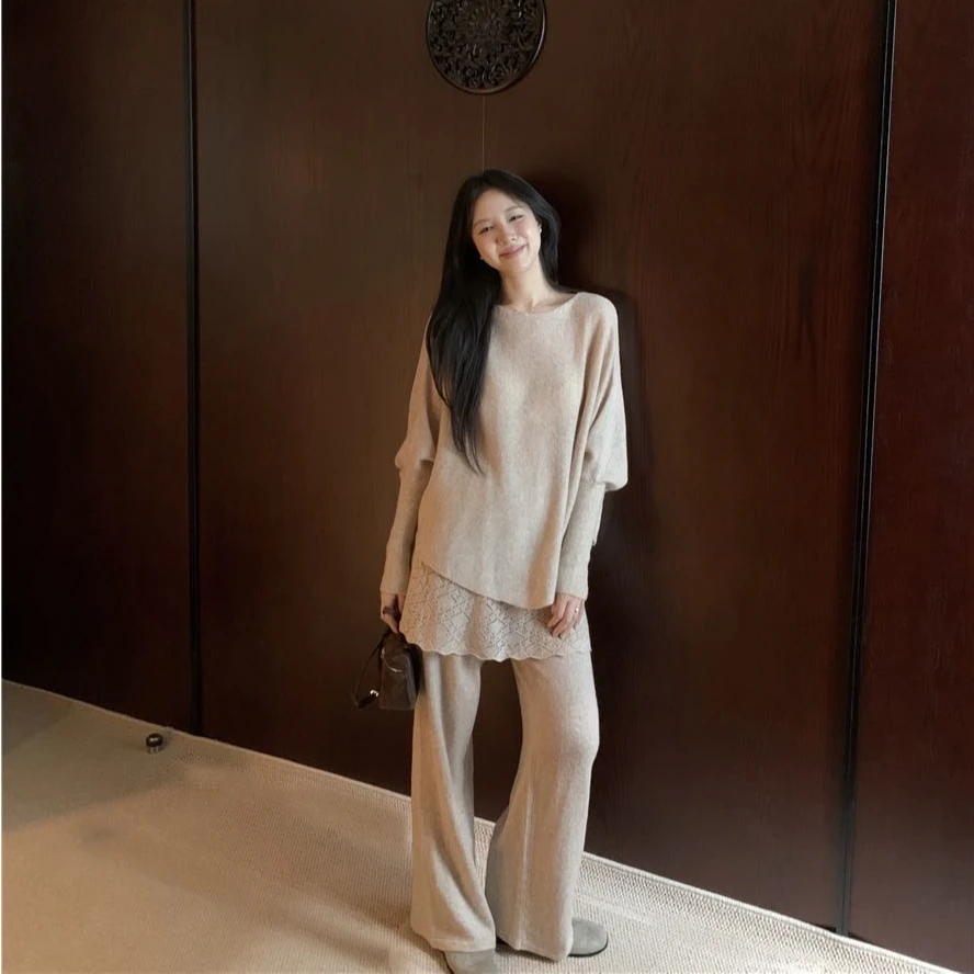 韩版蝙蝠袖针织上衣套装女秋季2025新款慵懒风宽松阔腿裤子两件套