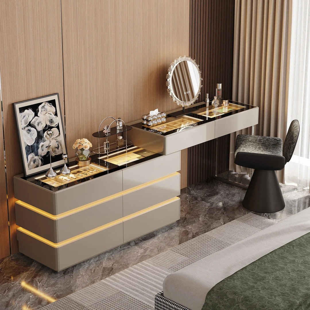 轻奢高级感斗柜梳妆台一体2026年新款卧室床尾化妆桌书桌
