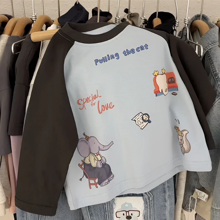 纯棉儿童宽松拼色长袖t恤2025秋季新款中小童卡通印花圆领上衣潮