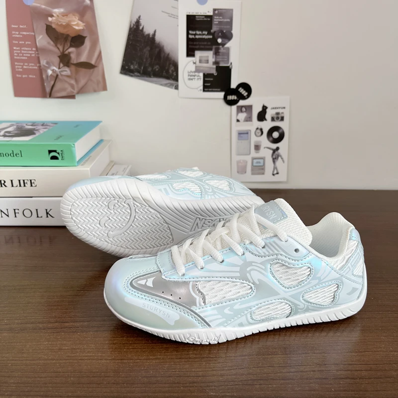 珠光银低帮拼色薄底德训鞋女2025新款网面透气情侣休闲运动赛车鞋