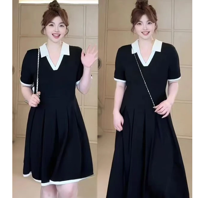 （现货）夏季新款时尚设计感v领连衣裙胖mm显瘦拼色小黑裙1835