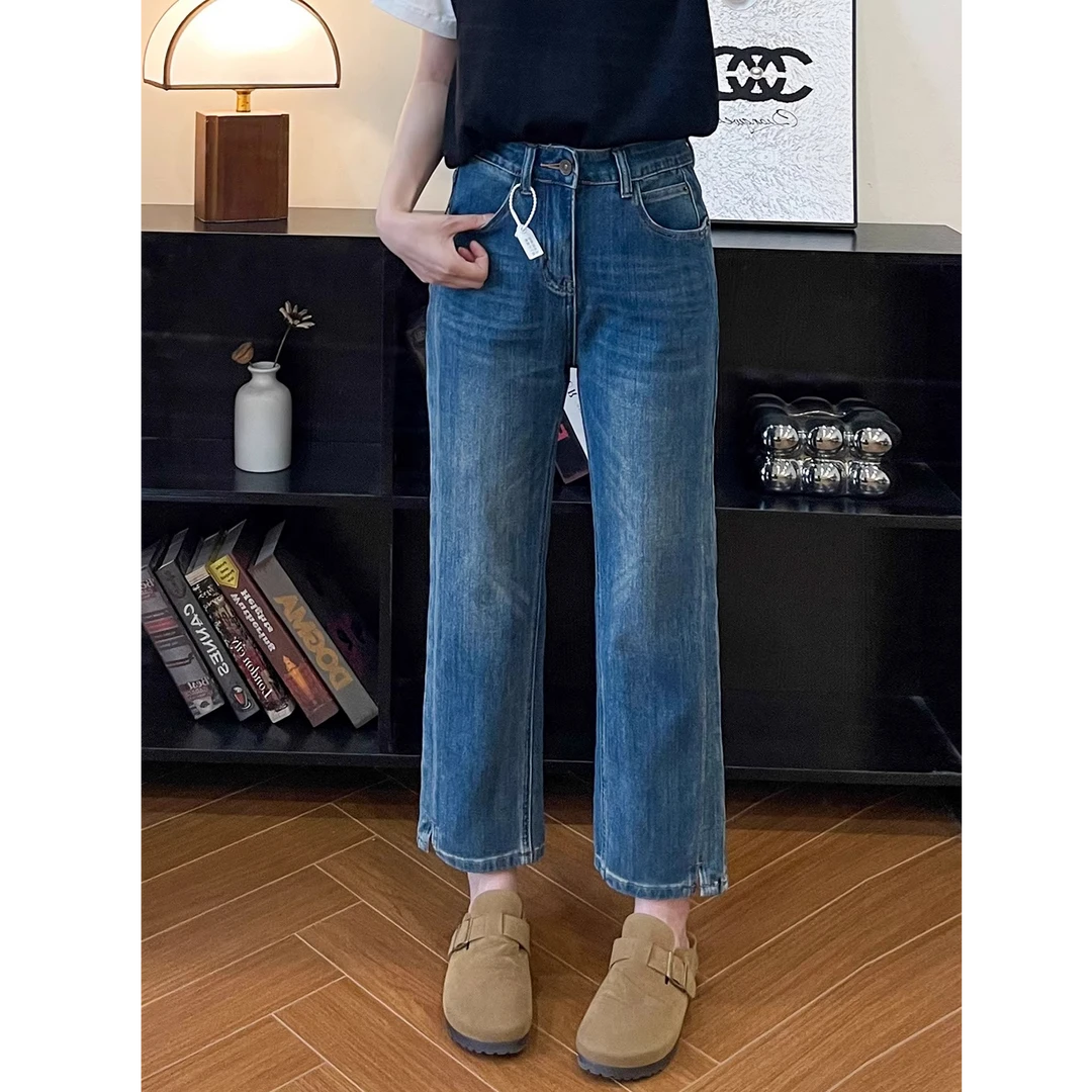 大码高腰九分直筒牛仔裤女2025新款胖mm显瘦宽松小个子弹力窄版裤