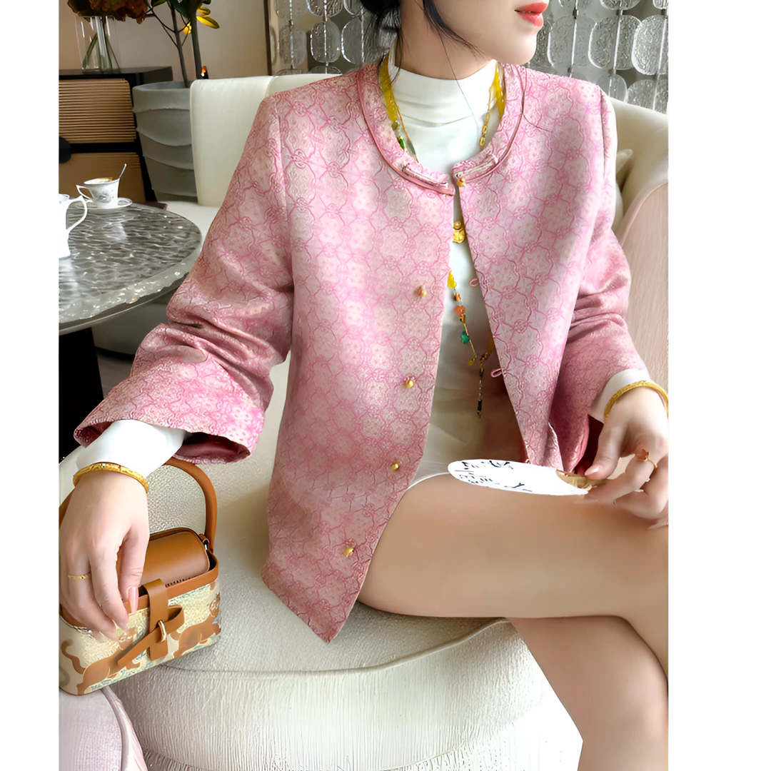 BY新中式国风桑蚕丝宋锦提花圆领盘扣轻奢百搭减龄外套上衣