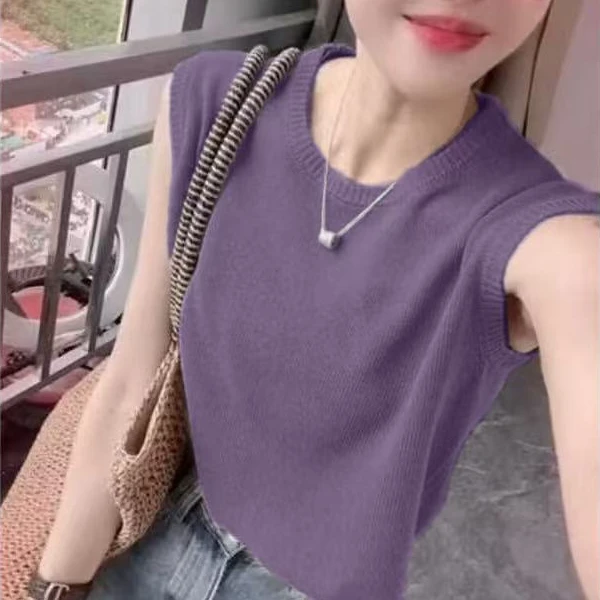 023【细纱~和纸纱！】百搭T恤圆领纯色减龄显瘦针织衫无袖上衣女薄款