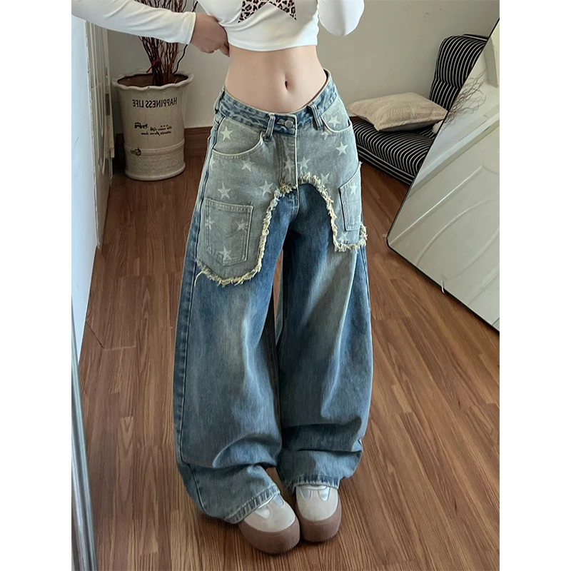 美式复古做旧贴布牛仔裤女2025秋冬新款高腰直筒宽松休闲阔腿长裤