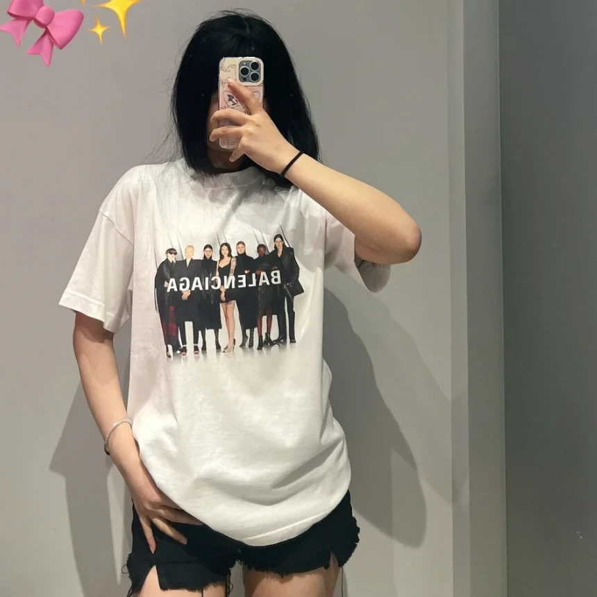 未使用 Balenciaga/巴黎世家 乐队人像印花Logo复古圆领短袖/S