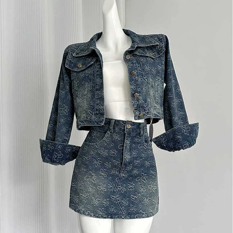 TANGMOO小香风时尚套装女秋季新款提花牛仔高腰裙子两件套包臀裙
