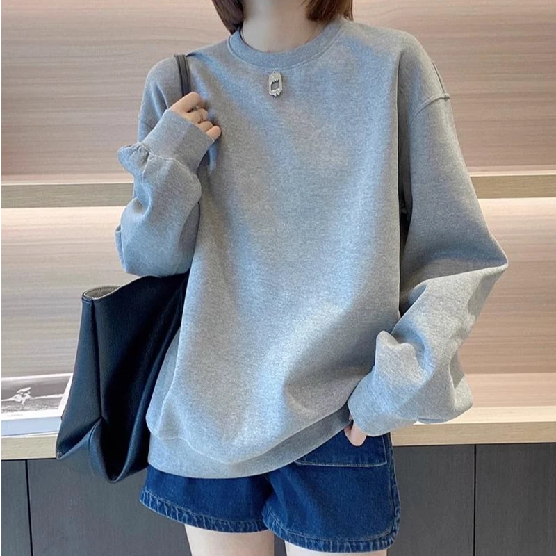 胖mm2-300斤纯色加绒加厚卫衣女秋冬季圆领宽松大码保暖长袖上衣