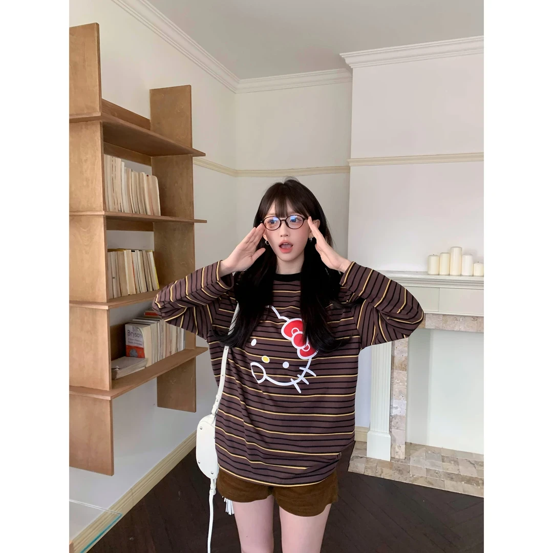 2025秋季新款卡通Kitty猫条纹圆领条纹宽松长袖T恤打底衫上衣