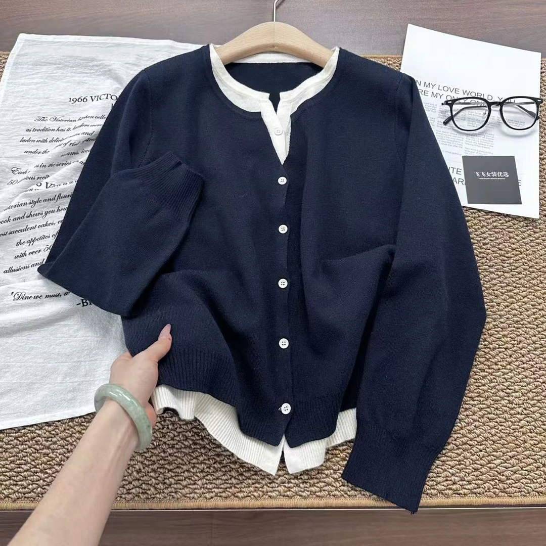 飞飞家1叠穿美学！！一件当两件穿~撞色假两件 真开衫#针织衫Y8539