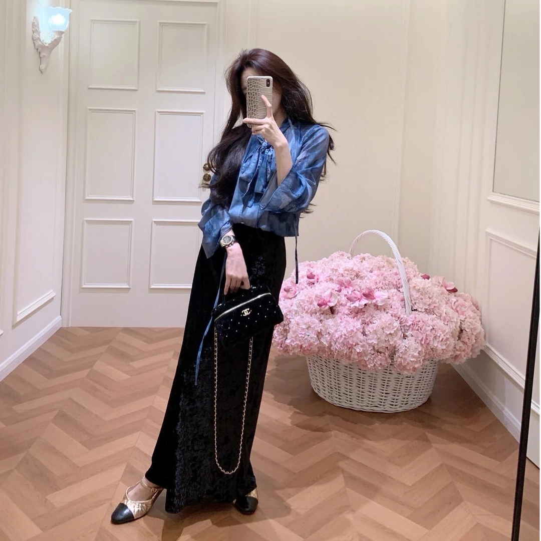 法式气质高级感复古长袖衬衣女秋季新款设计感衬衫高腰半身长裙