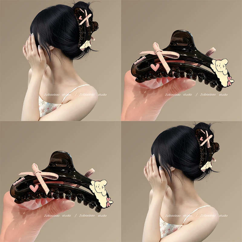 韩系小狗蝴蝶结盘发夹透黑色抓夹2025新款甜酷大号后脑勺鲨鱼夹女