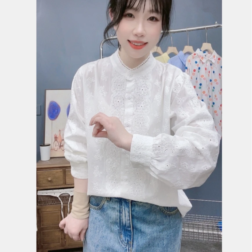 刺绣长袖蕾丝衬衫绣花小众上衣白色设计感复古春季时尚气质立领
