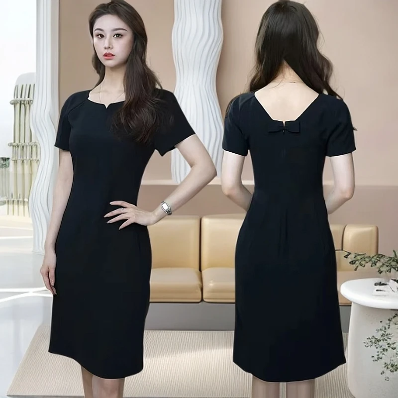 阿家新款法式公主优雅礼服小黑裙连衣裙女短袖洋气短裙显瘦550007