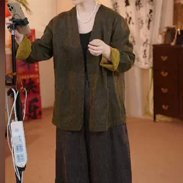 桑蚕丝柞蚕丝黄金茧木织机织宝相花绞罗茶服外套A-TY-24236