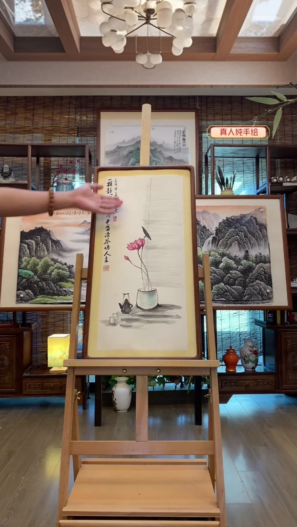 国画纯手绘画纯实木带框36*68cm