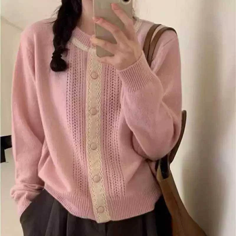 【桃洞中间蕾丝粉】新款韩系设计感针织毛衣开衫1569